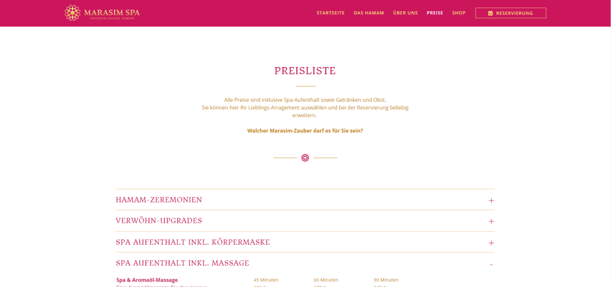 Marasim Spa – Preise Preise auf der Website von Marasim Spa.