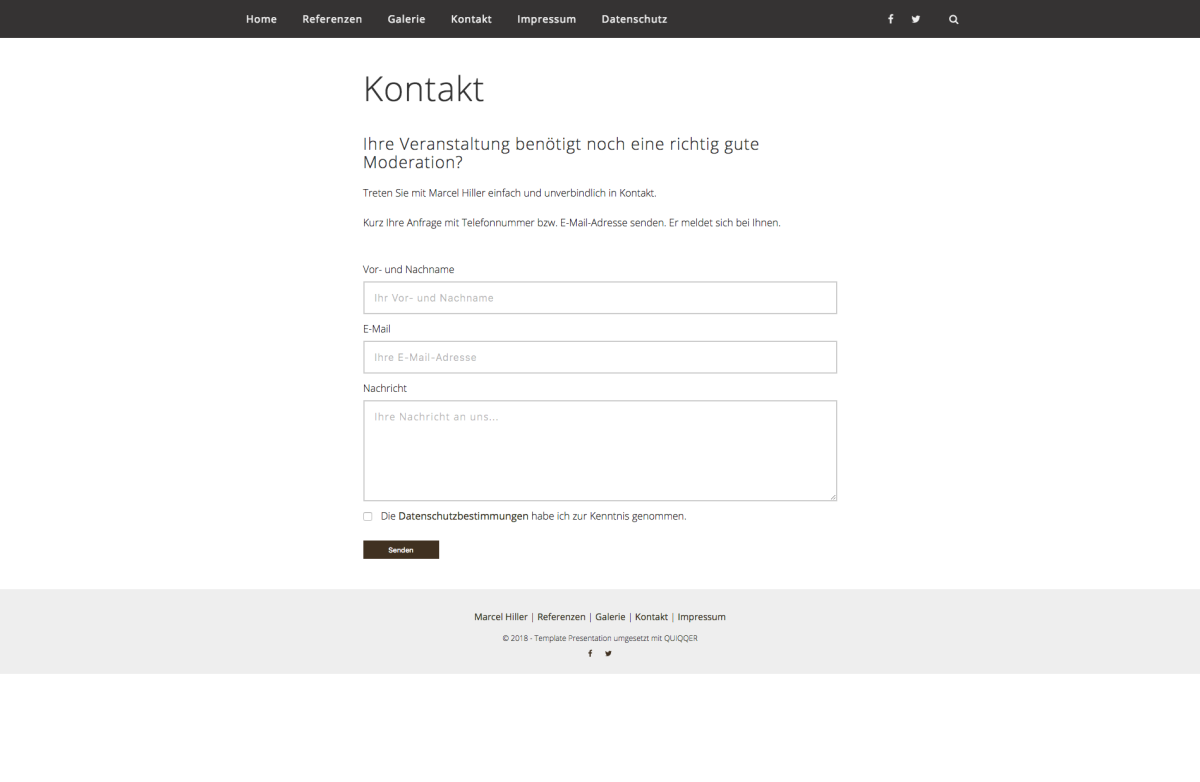 Kontaktseite der Website von Marcel Hiller.