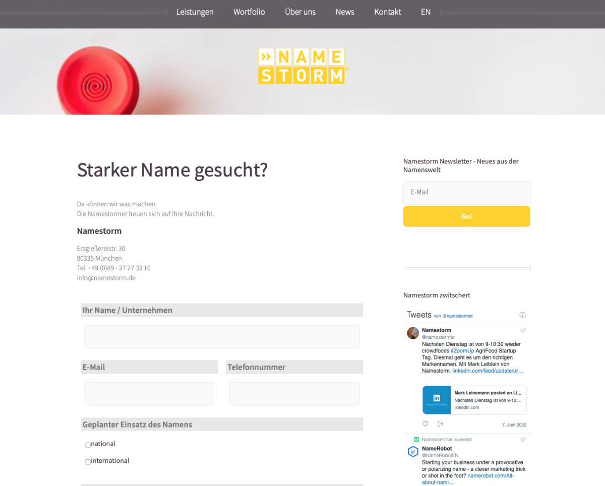 NameStorm – Kontaktseite Kontaktseite der Website von NameStorm.