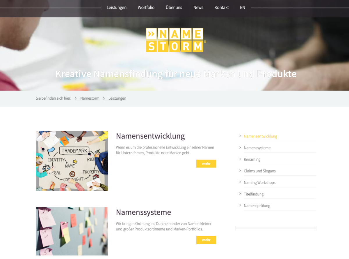 NameStorm – Website Screenshot der Website von NameStorm.