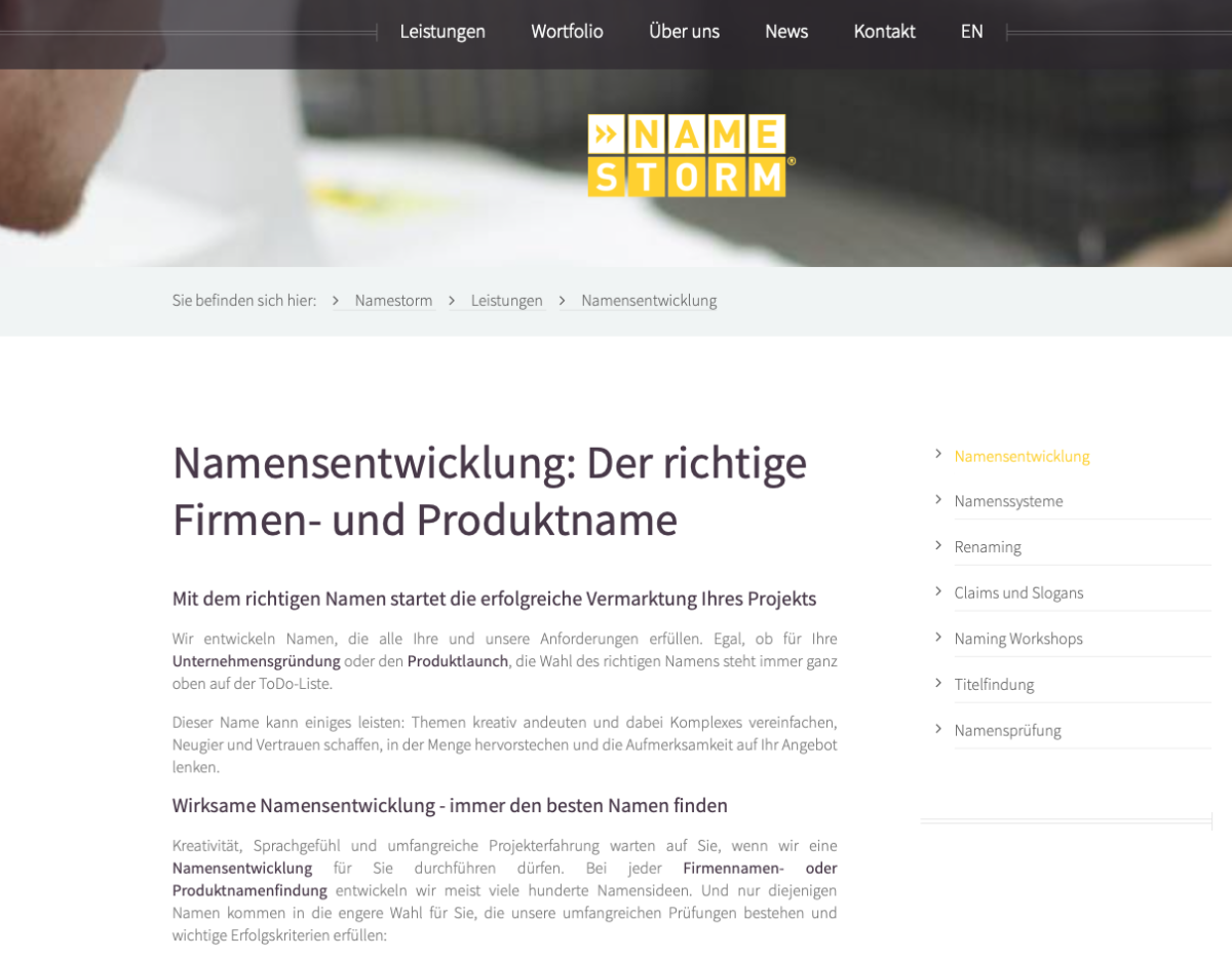 NameStorm – Namensfindung Namensfindung auf der Website von NameStorm.