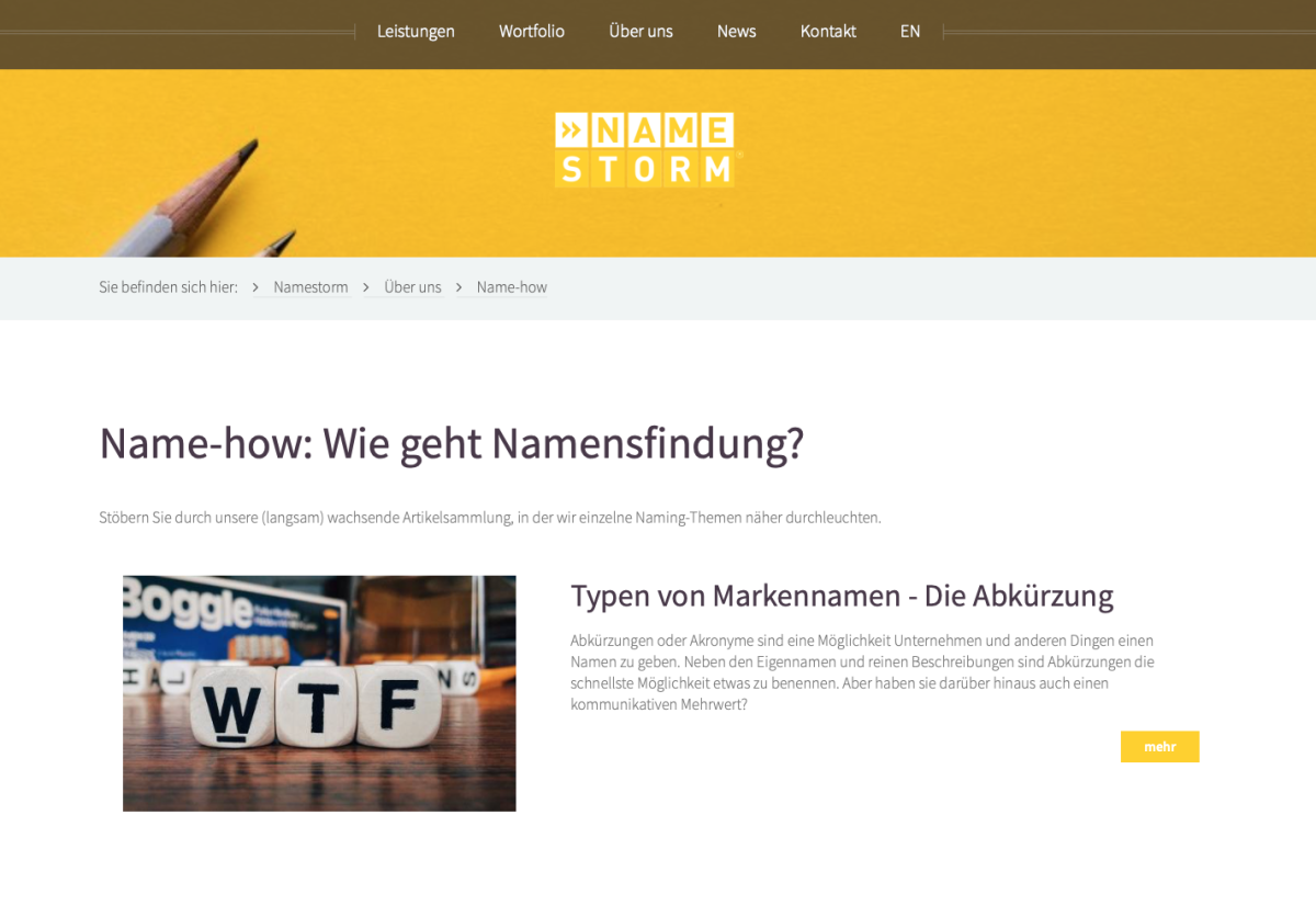 NameStorm – Website Screenshot der Website von NameStorm.
