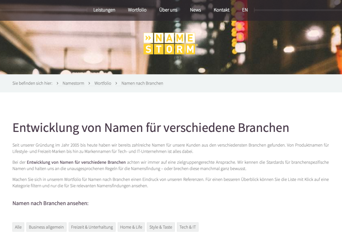 NameStorm – Referenzen Referenzübersicht auf der Website von NameStorm.