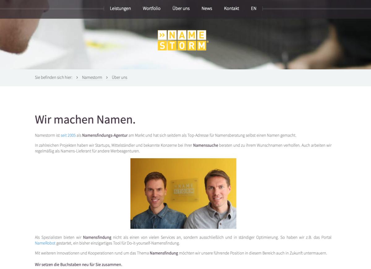 NameStorm – Team Teamseite der Website von NameStorm.