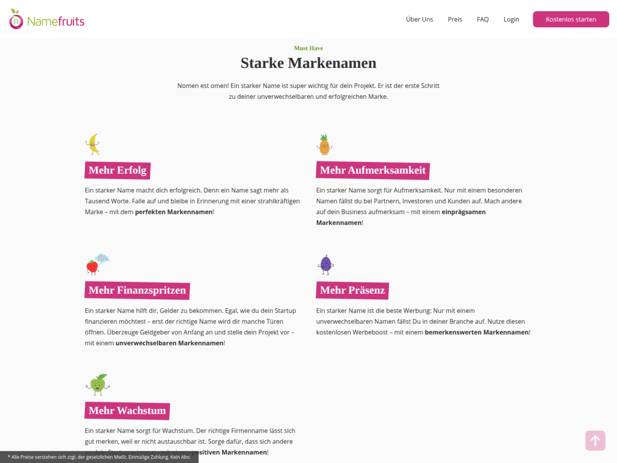 Namefruits – Markenname prüfen Namefruits-Seite mit Informationen zum Prüfen von Markennamen.