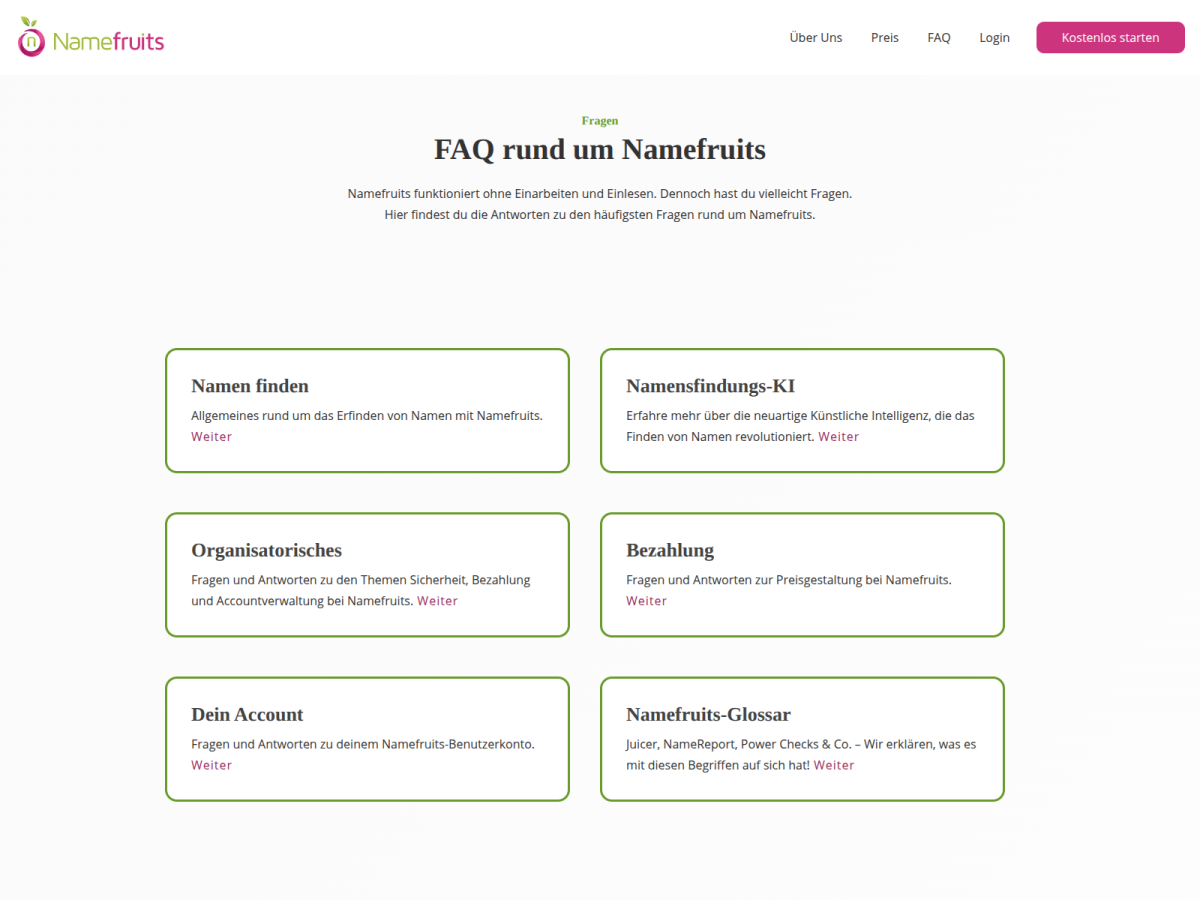 Namefruits – FAQ FAQ auf der Website von Namefruits.