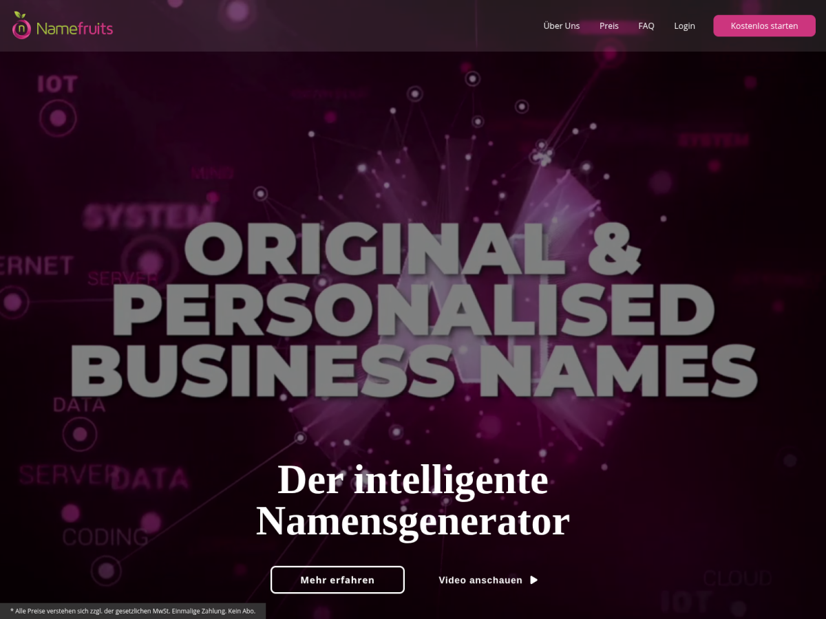 Namefruits – Namensgenerator Dunkler Kopfbereich der Namefruits-Website mit Text zu persönlichen Geschäftsnamen.