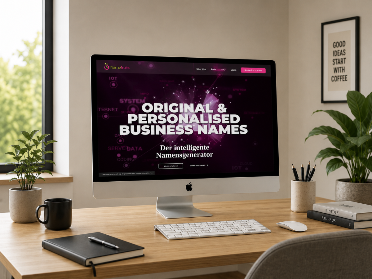 Namefruits – Website-Mockup Website von Namefruits auf einem Bildschirm.