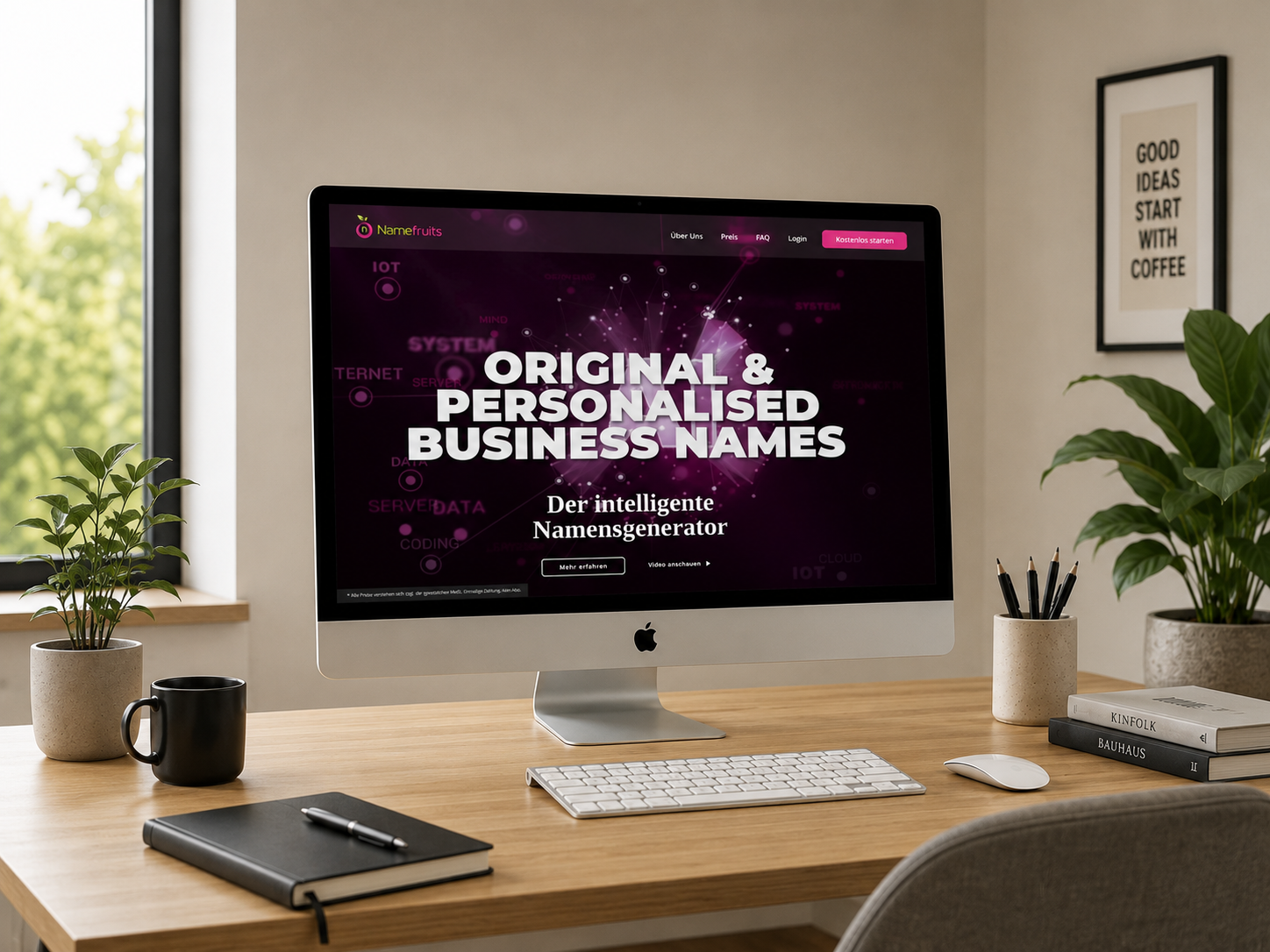 Namefruits – Website-Mockup Website von Namefruits auf einem Bildschirm.
