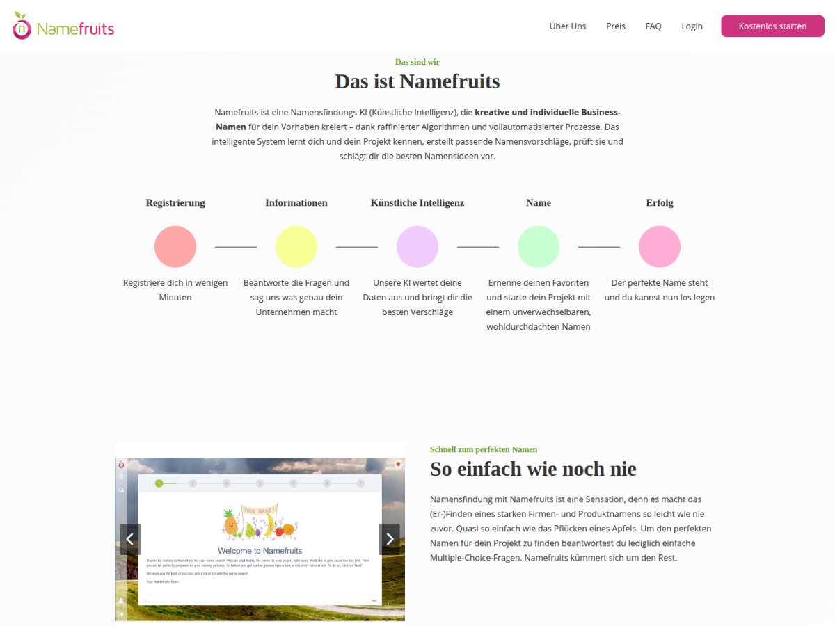 Namefruits – Funktionsübersicht Namefruits-Seite mit farbigen Symbolen zur Namensfindung.