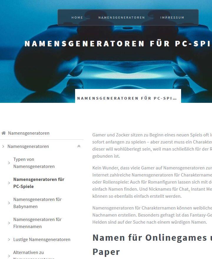 Namensgeneratoren – Mobile Ansicht Mobile Ansicht der Website von Namensgeneratoren.