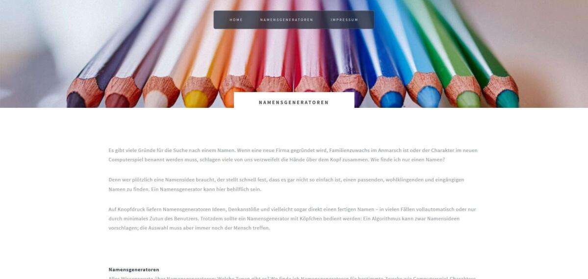Namensgeneratoren – Startseite Screenshot der Startseite von Namensgeneratoren.