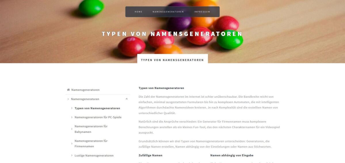Namensgeneratoren – Website Screenshot der Website von Namensgeneratoren.