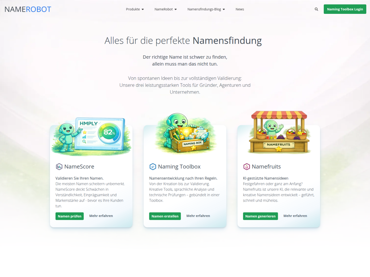NameRobot – Angebote NameRobot-Startbereich mit mehreren Angeboten zur Namensfindung.
