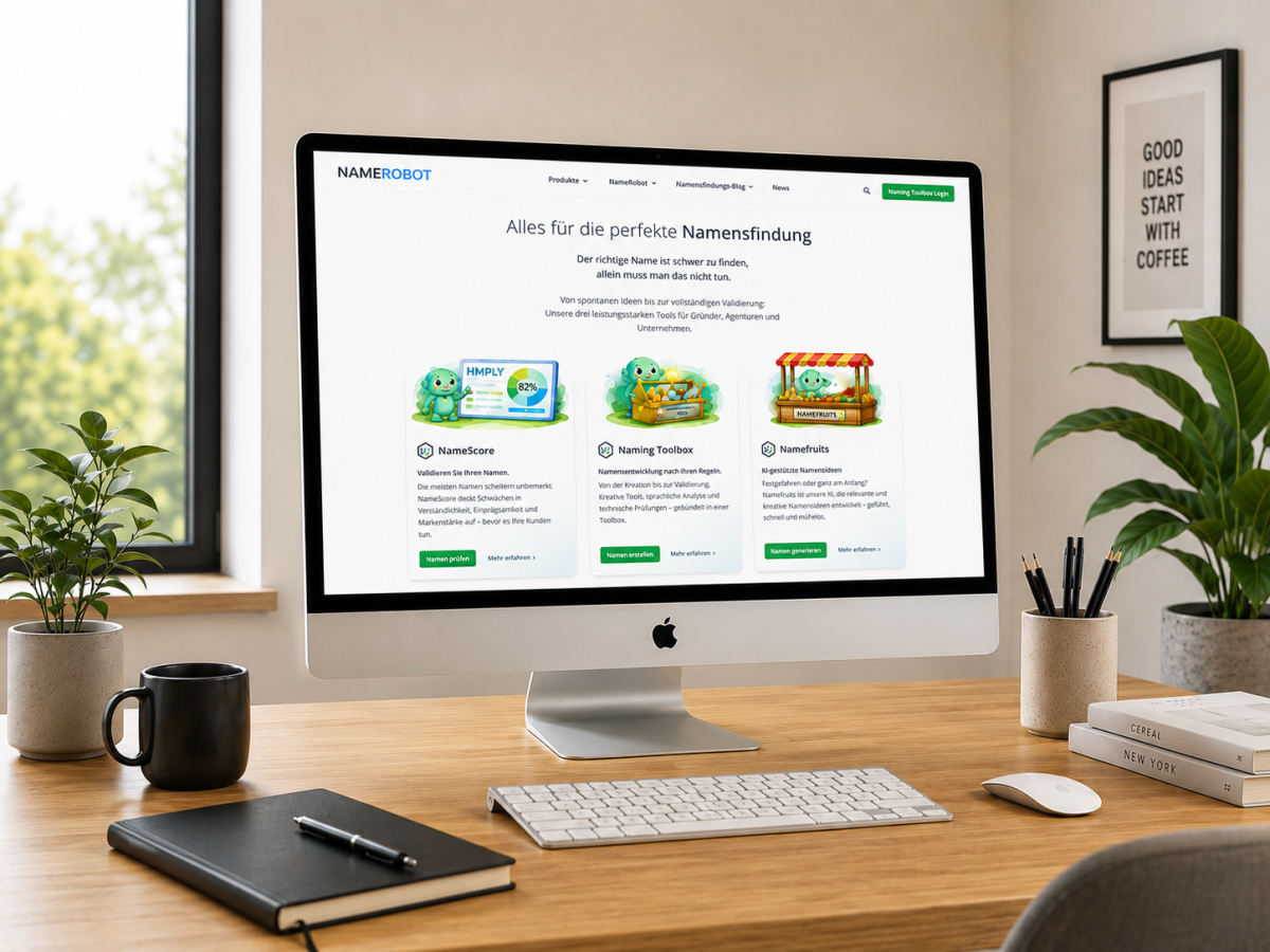 NameRobot – Website-Mockup Website von NameRobot auf einem Bildschirm.