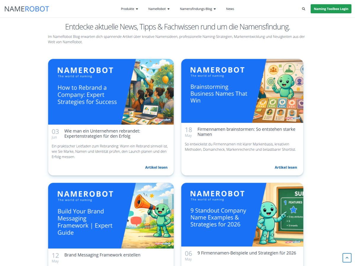 NameRobot – Werkzeugkarten NameRobot-Seite mit bunten Karten für verschiedene Namenswerkzeuge.