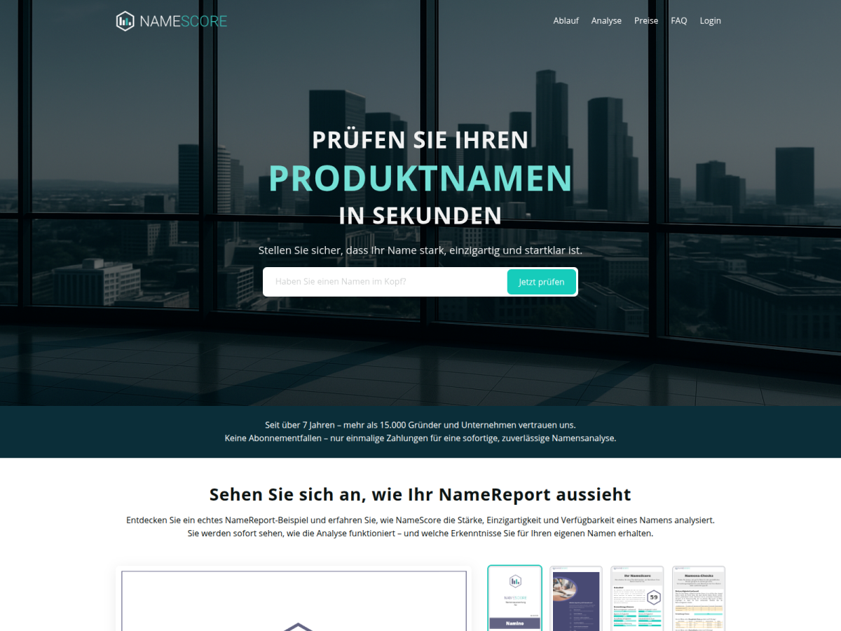 NameScore – Startseite Dunkler Kopfbereich der NameScore-Website mit Eingabefeld für einen Namen.