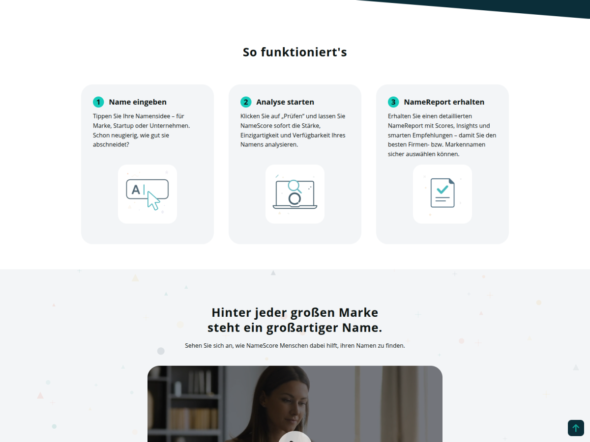 NameScore – So funktioniert es NameScore-Seite mit drei Schritten zur Bewertung eines Namens.