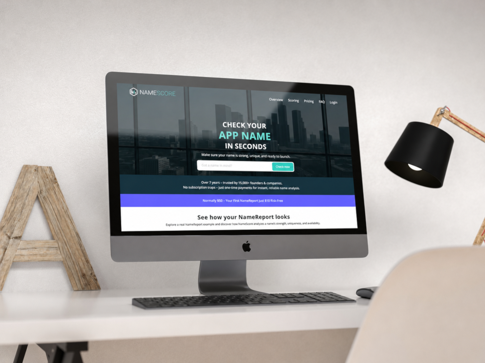 NameScore – Website-Mockup Website von NameScore auf einem Bildschirm.