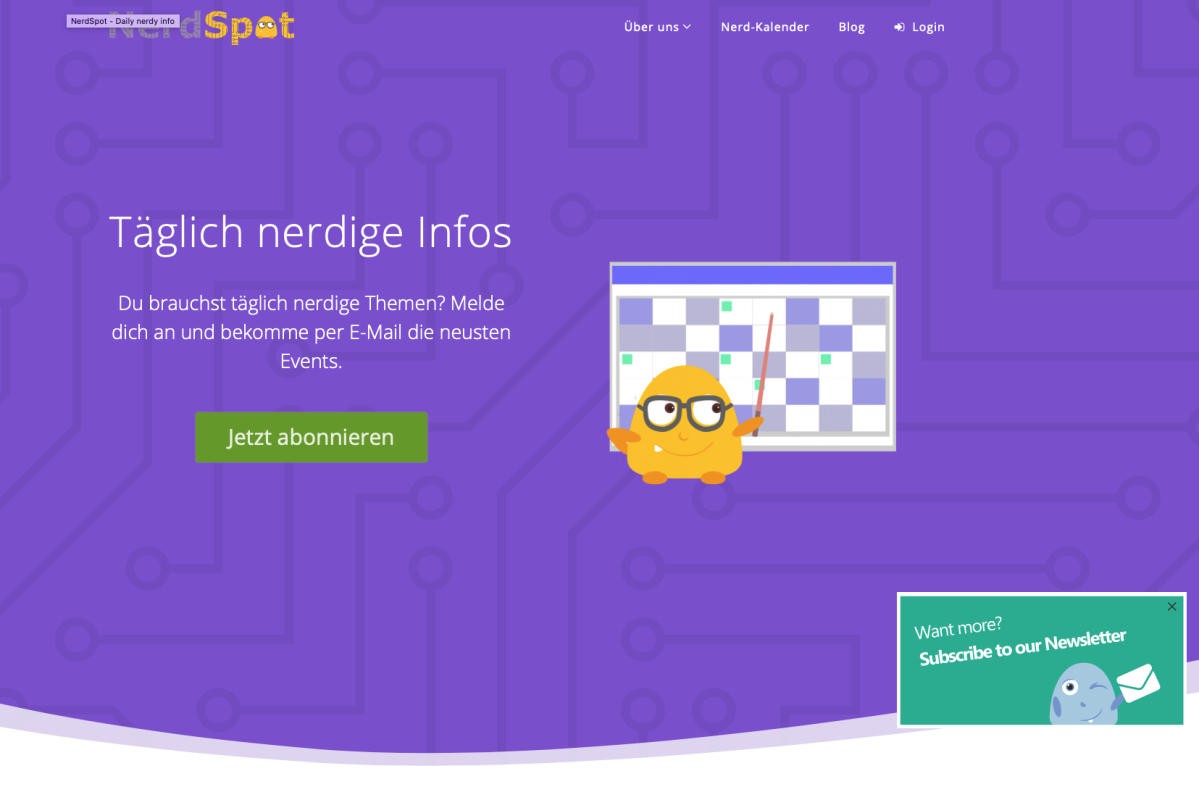 Lila Nerdspot-Startseite mit Maskottchen und täglichem Rätsel.