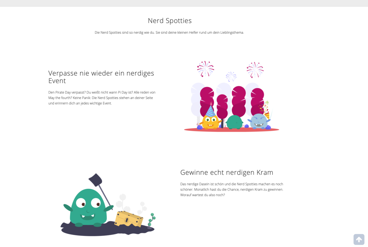 Nerdspot-Seite mit grünem Maskottchen und Text.