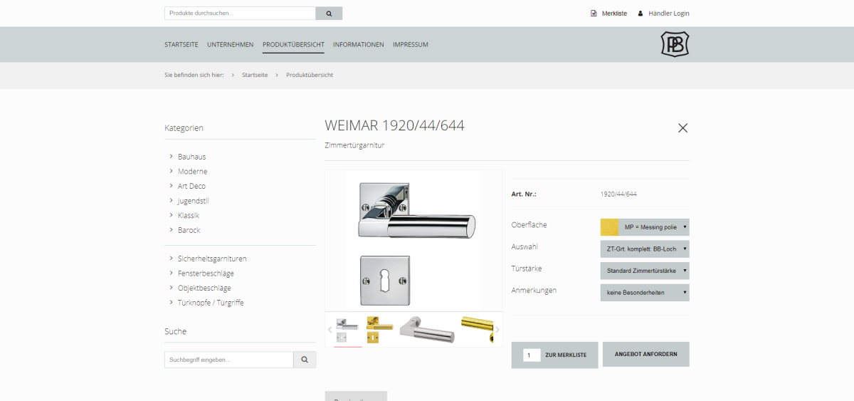 Produktansicht auf der Website von P. Bisschop.