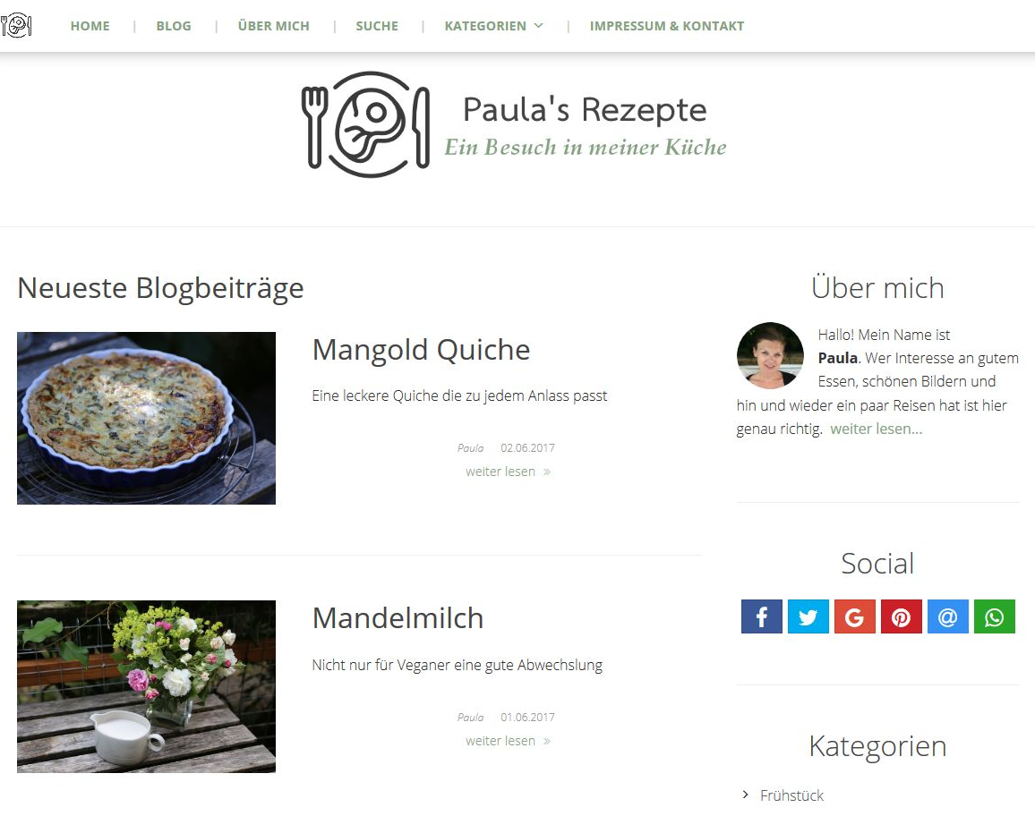Paula’s Rezepte – Startseite Screenshot der Startseite von Paula’s Rezepte.