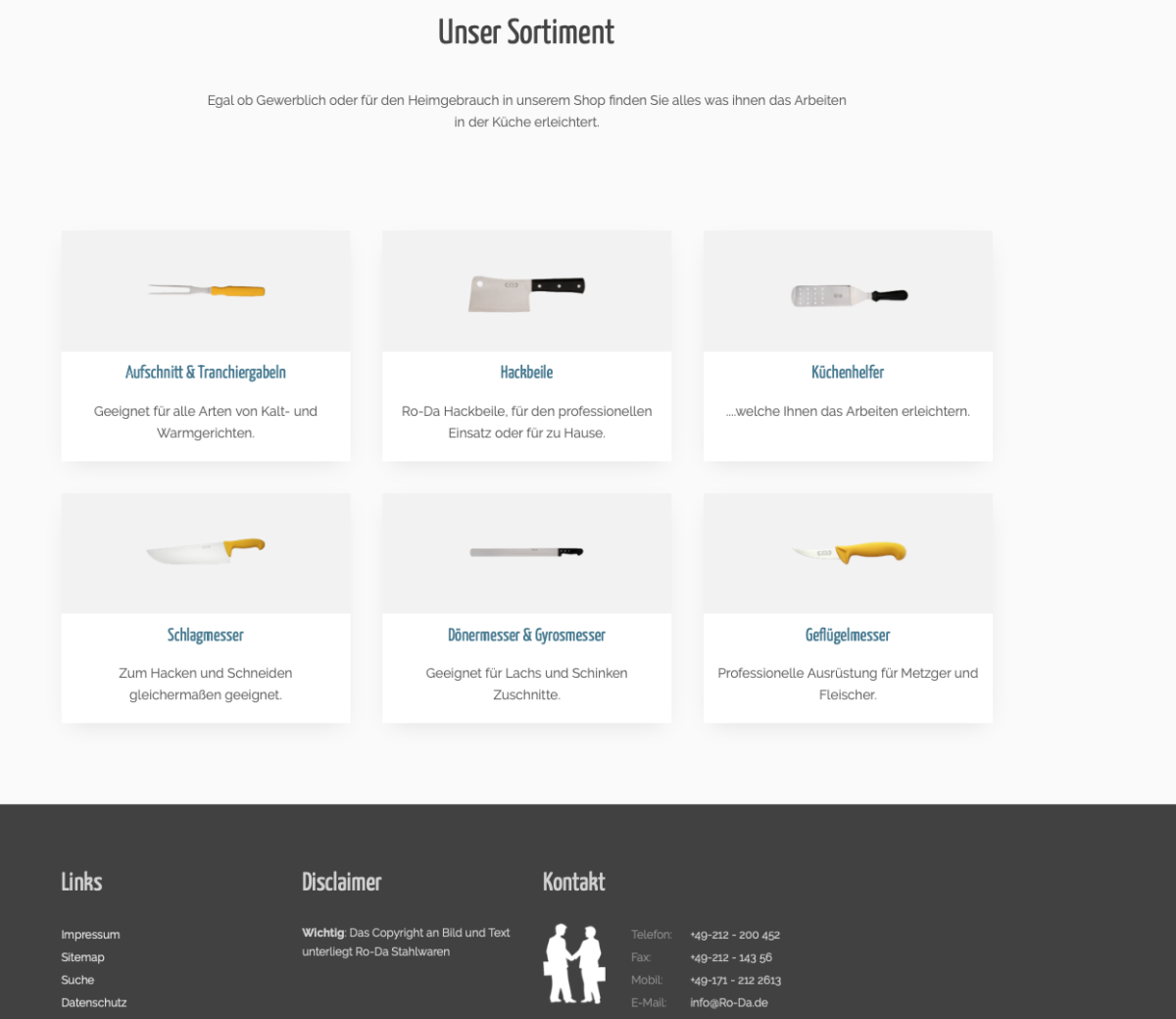 RO-DA Stahlwaren – Sortiment Sortiment auf der Website von RO-DA Stahlwaren.