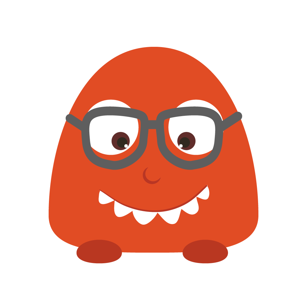 Orangefarbenes Nerdspot-Maskottchen mit Brille und Zähnen.