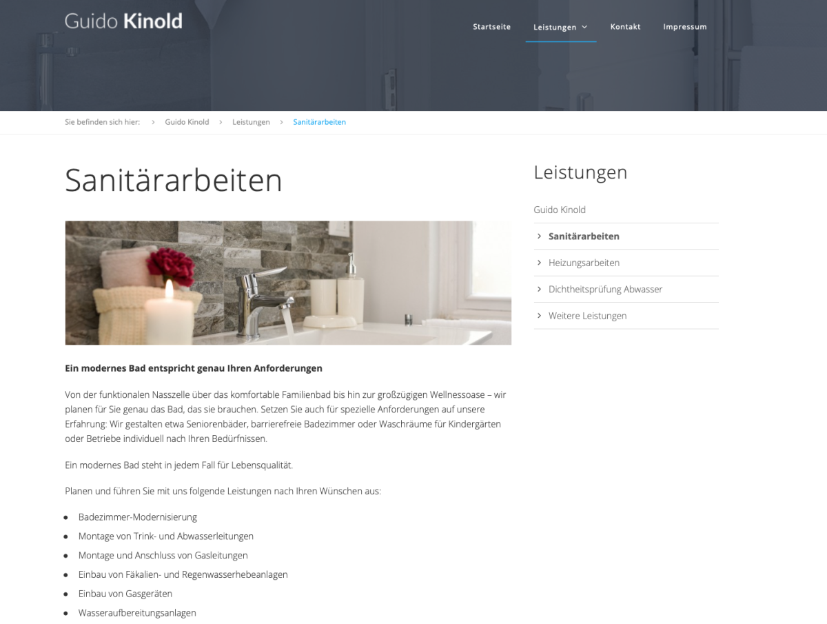 Leistungsübersicht auf der Website von Guido Kinold.