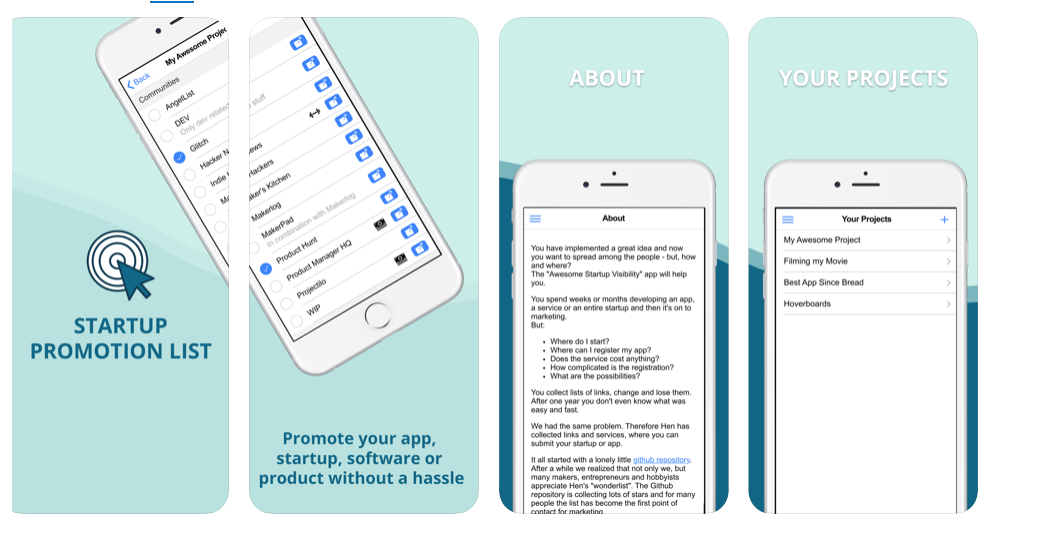 Screenshot der Startseite von Startup Promotion List.