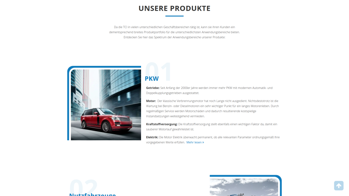 Produktübersicht auf der Website von TCI Ersatzteil-Service.
