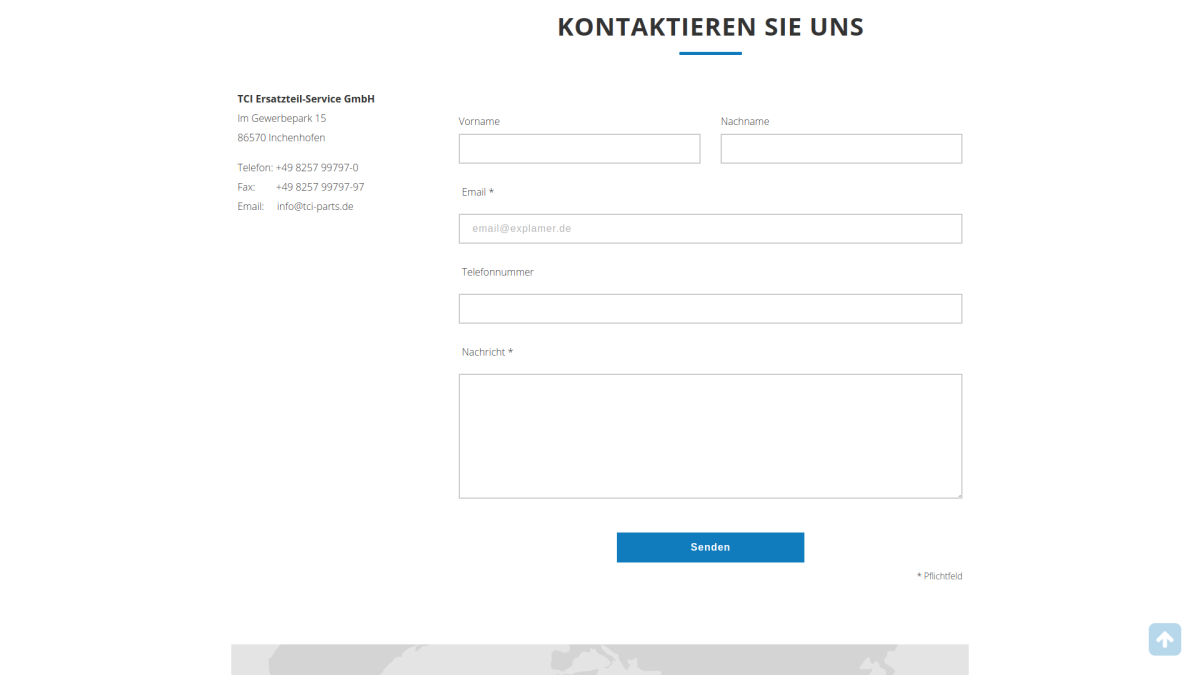 Kontaktseite der Website von TCI Ersatzteil-Service.