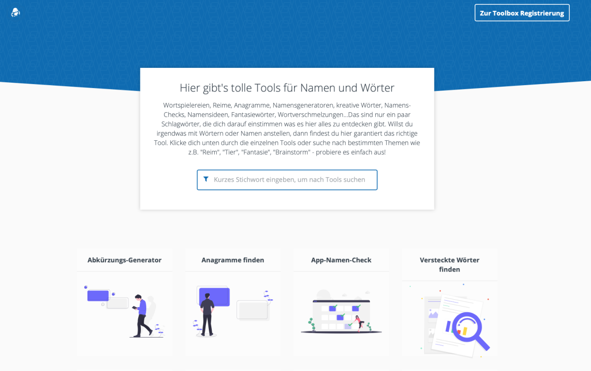 NameRobot Tools – Startseite Startseite von NameRobot Tools mit Übersicht der Namenswerkzeuge.