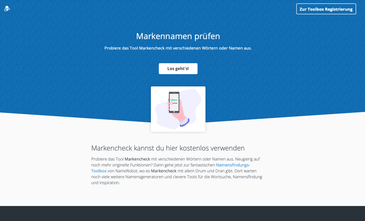 NameRobot Tools – Markenprüfung Screenshot des NameRobot-Werkzeugs zur Prüfung von Markennamen.