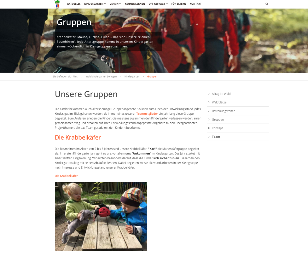 Wakiga-Seite mit Informationen zu den Kindergruppen.