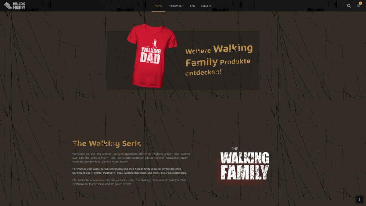 Dunkle Startseite von Walking Family mit Text und T-Shirt.