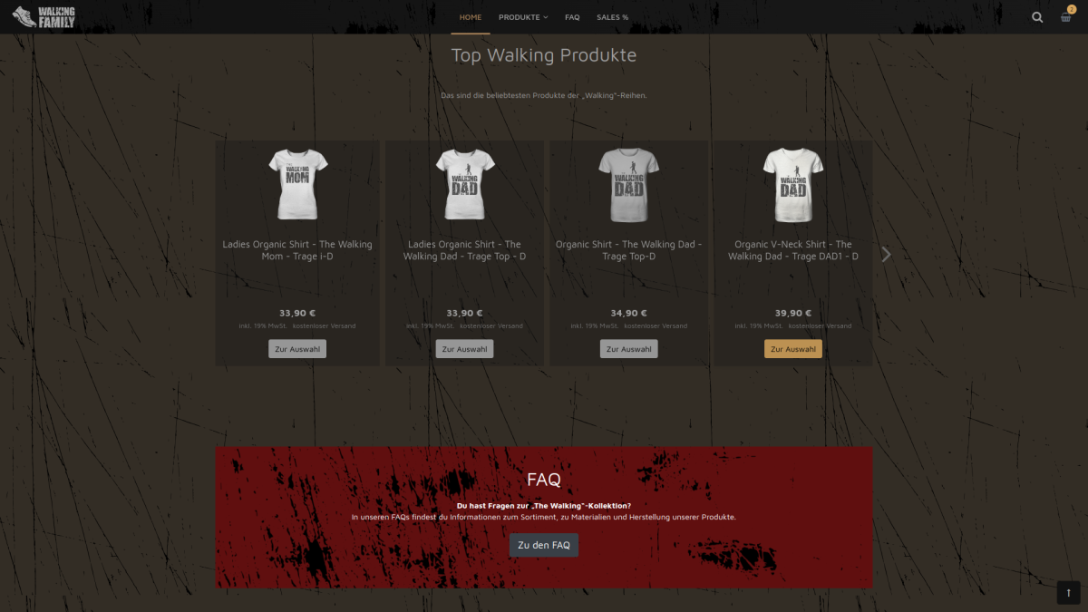 Walking-Family-Shop mit Kleidung und weiteren Produkten.