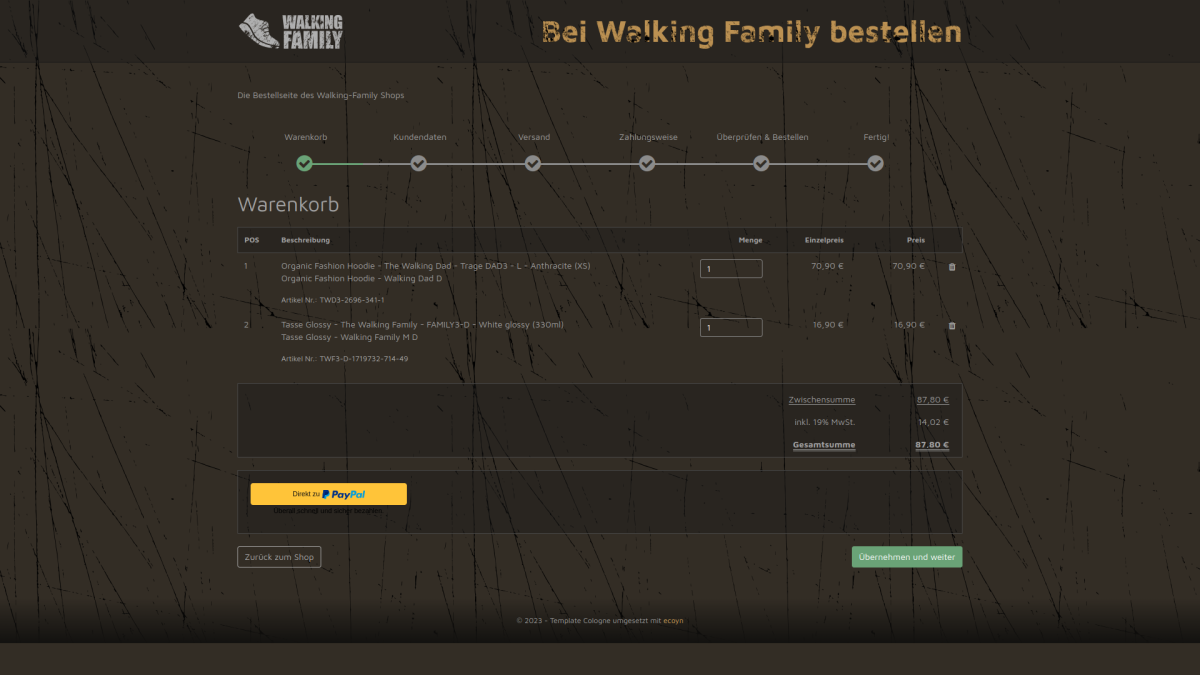 Bestellbereich auf der Website von Walking Family.
