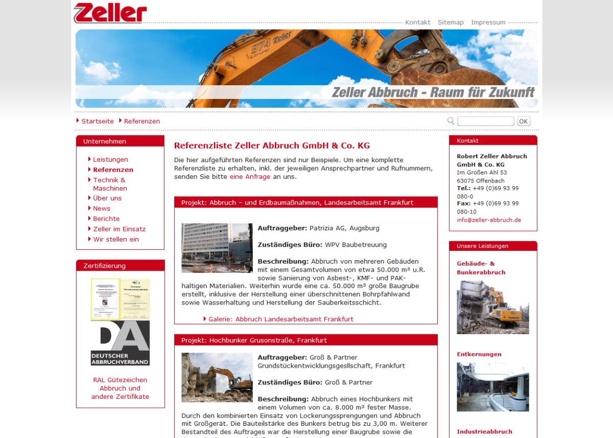 Referenzübersicht auf der Website von Zeller Abbruch.