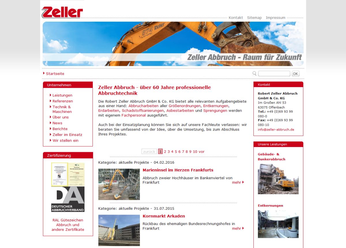 Screenshot der Startseite von Zeller Abbruch.