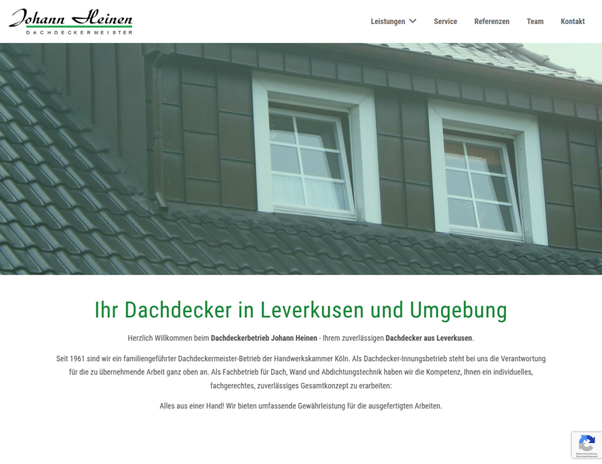 Johann Heinen Dachdeckermeister – Kopfbereich Kopfbereich der Website von Johann Heinen Dachdeckermeister.