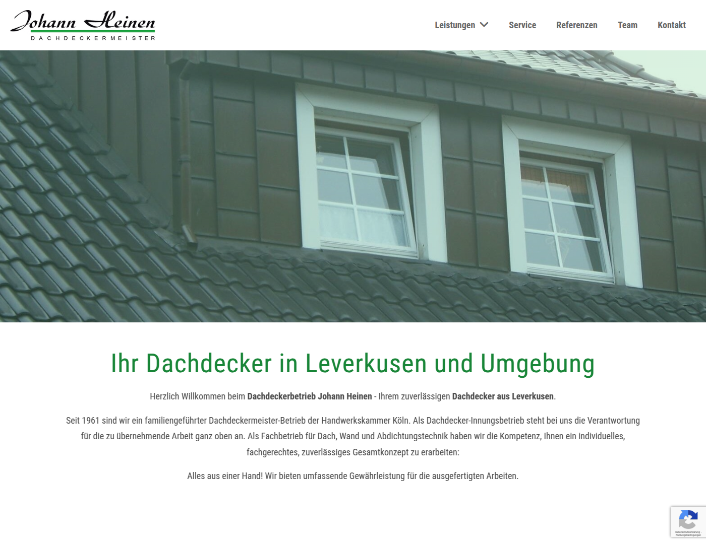 Johann Heinen Dachdeckermeister – Kopfbereich Kopfbereich der Website von Johann Heinen Dachdeckermeister.
