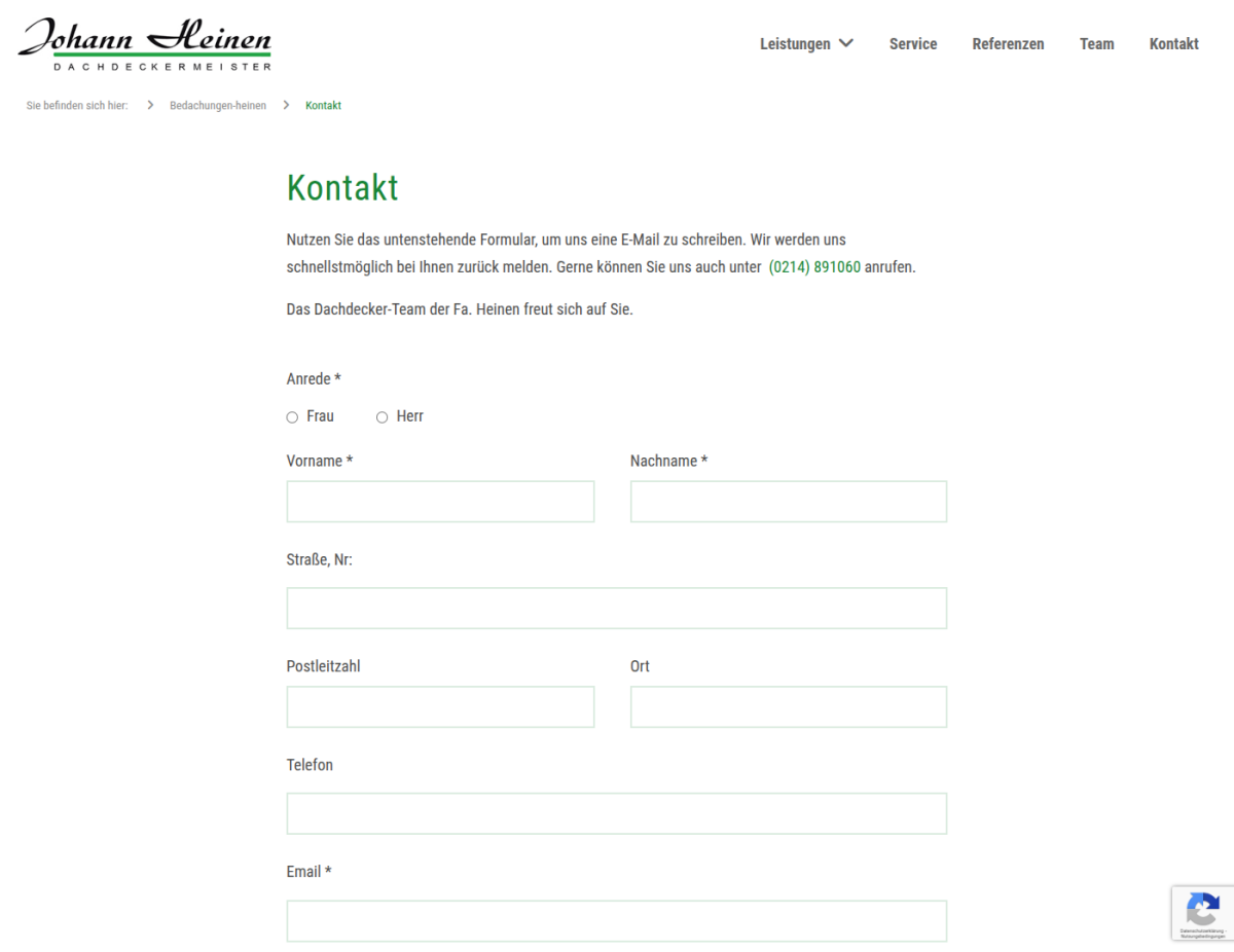 Johann Heinen Dachdeckermeister – Kontaktseite Kontaktseite der Website von Johann Heinen Dachdeckermeister.