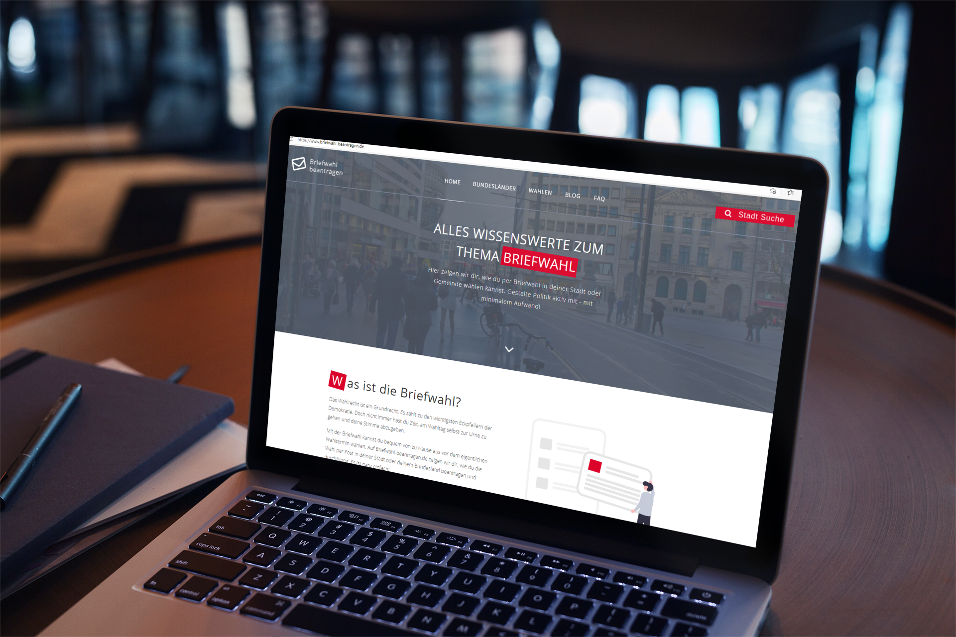Briefwahl beantragen – Website-Mockup Website von Briefwahl beantragen auf einem Bildschirm.
