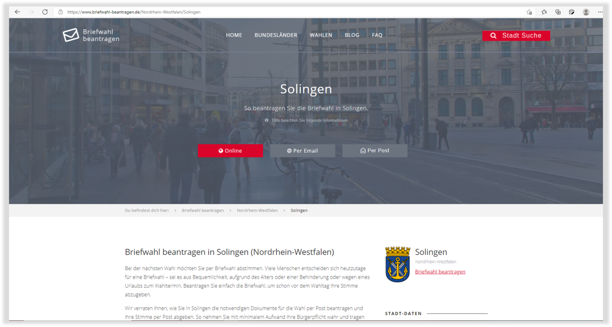 Briefwahl beantragen – Solingen Solingen-Seite der Website „Briefwahl beantragen“.