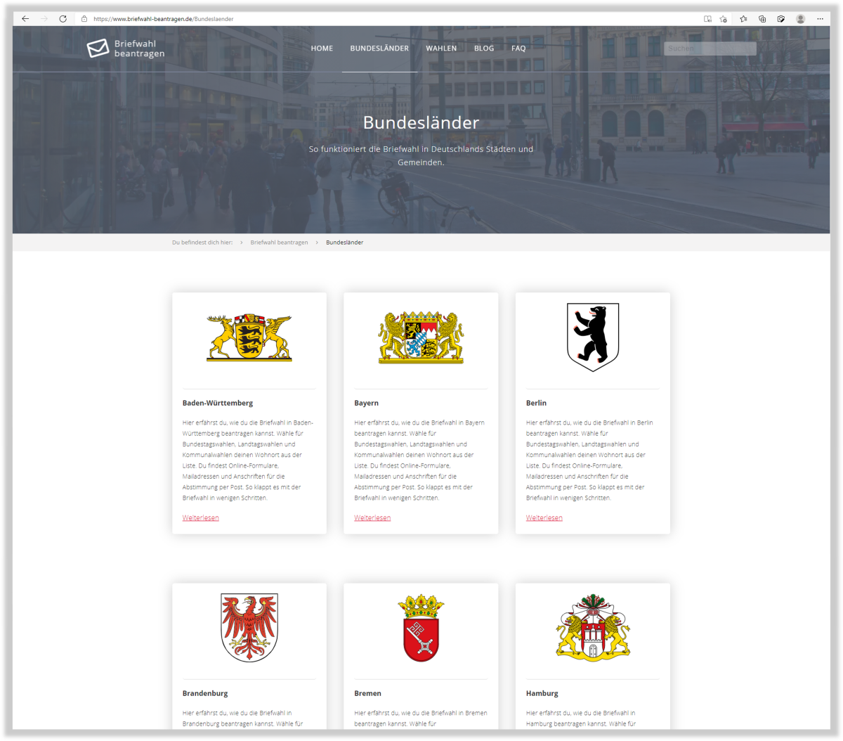 Briefwahl beantragen – Bundesländer Bundesländer auf der Website von Briefwahl beantragen.