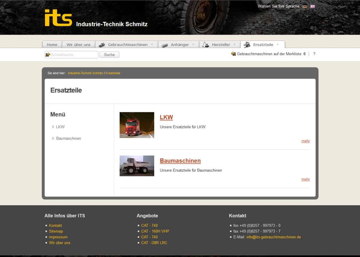 Screenshot der Website von its Gebrauchtmaschinen.