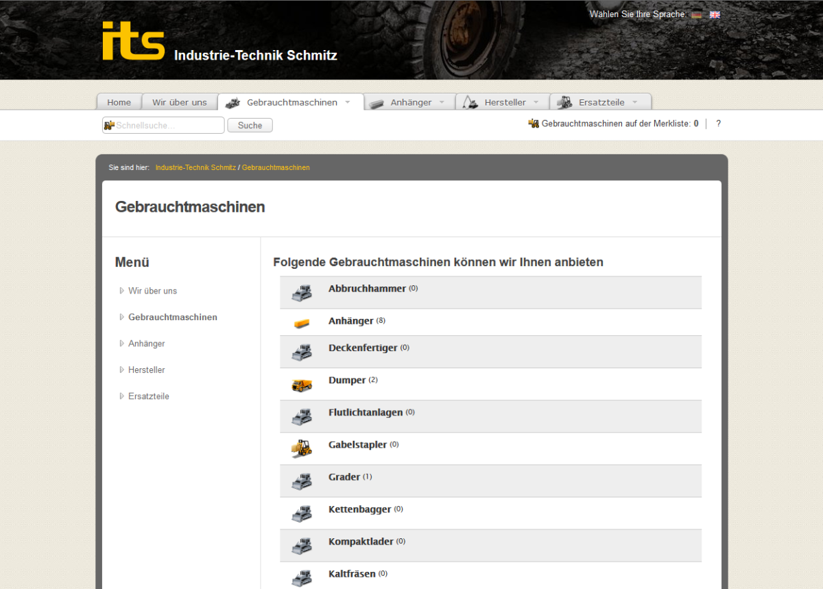 Kategorien auf der Website von its Gebrauchtmaschinen.