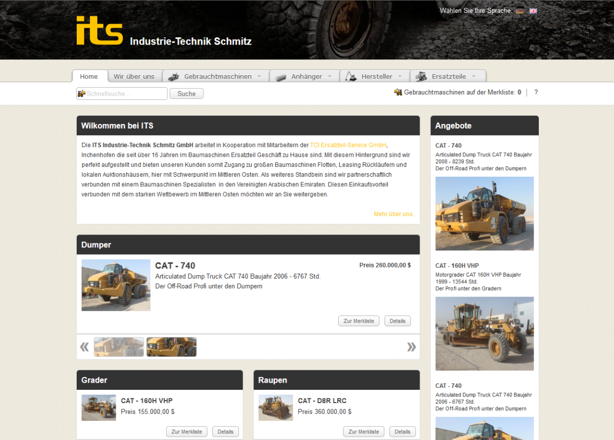 Screenshot der Website von its Gebrauchtmaschinen.